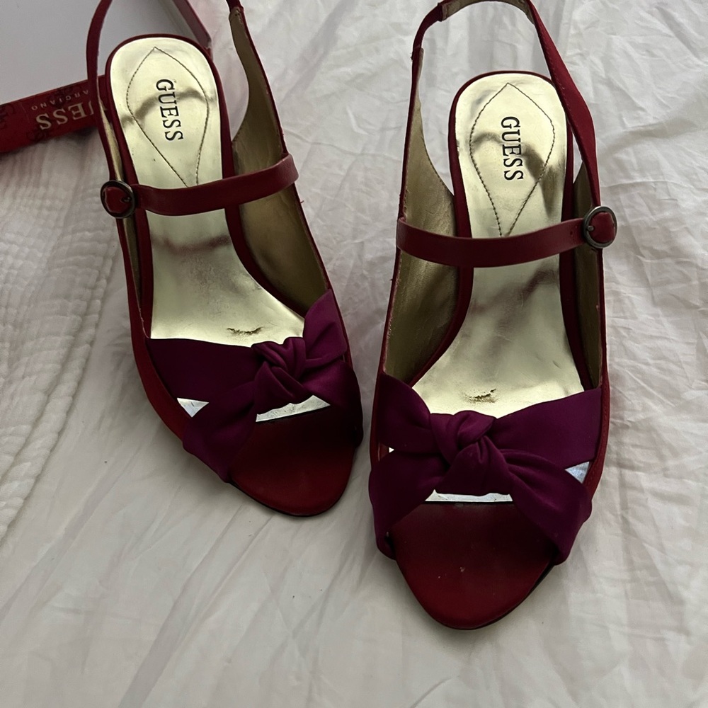 Guess Red and Purple Satin Slingback Mary Jane Style Heels